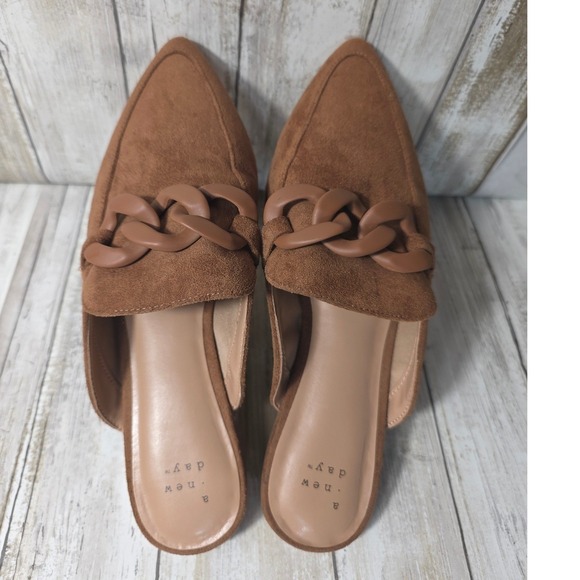 a new day Shoes - A New Day Womens Cognac Brown Faux Suede Pointed Toe Chain Link Mules Size 7